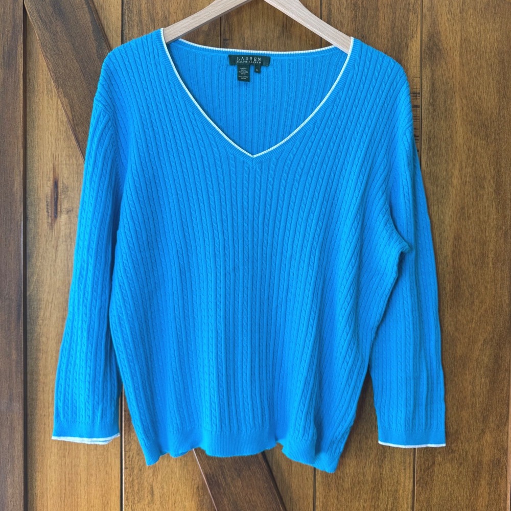 Lauren Ralph Lauren Blue Cable Knit V-Neck Sweater XL Preppy Coastal Grandmother - Picture 1 of 8